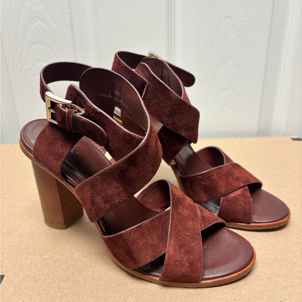 Joie Deep Chocolate Brown / Red Suede Block Heel Sandals – Size 38.5 (US 8–8.5)